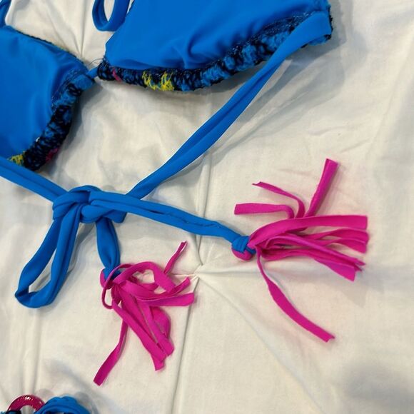 Women's Blue Abstract Strappy Top and Side Tie Bottom Bikini Set - Picture 6 of 8